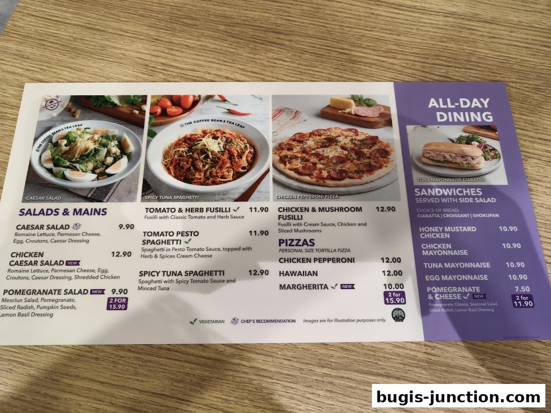 A menu from The Coffee Bean and Tea Leaf featuring salads, pasta, pizza, and sandwiches.