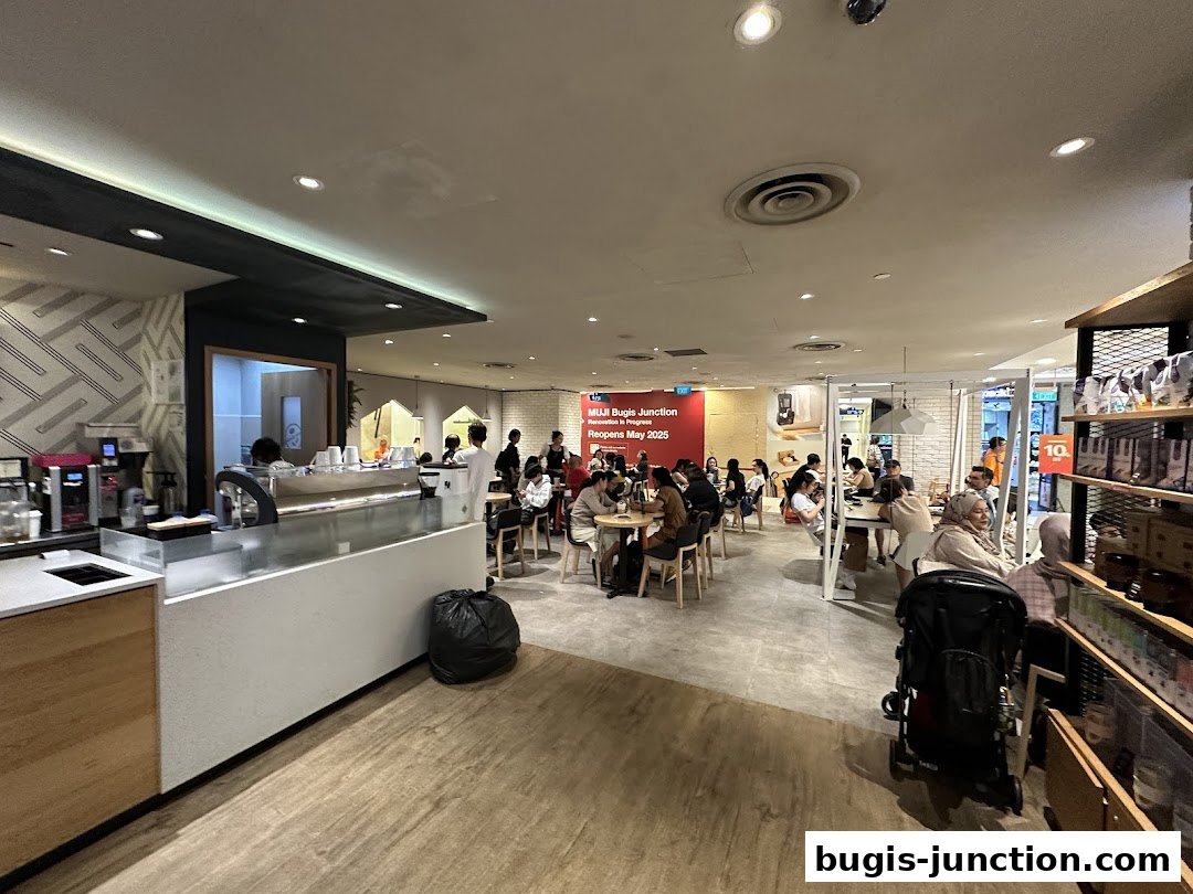 Interior view of a busy coffee shop with customers seated at tables and a counter.