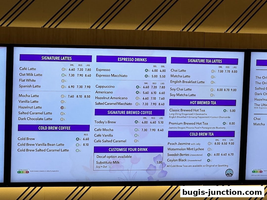 A menu board displaying various coffee and tea drinks with prices.