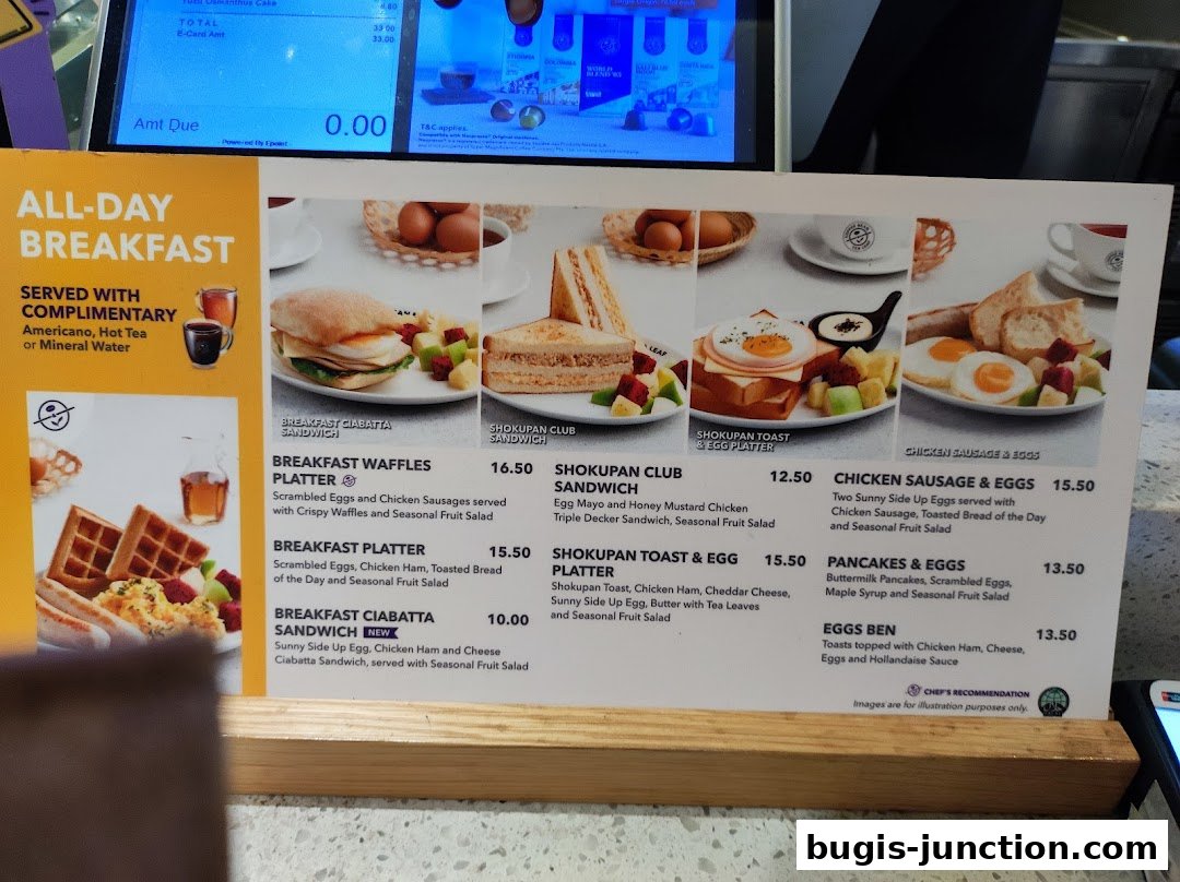 A menu board displaying various all-day breakfast options with images and prices.