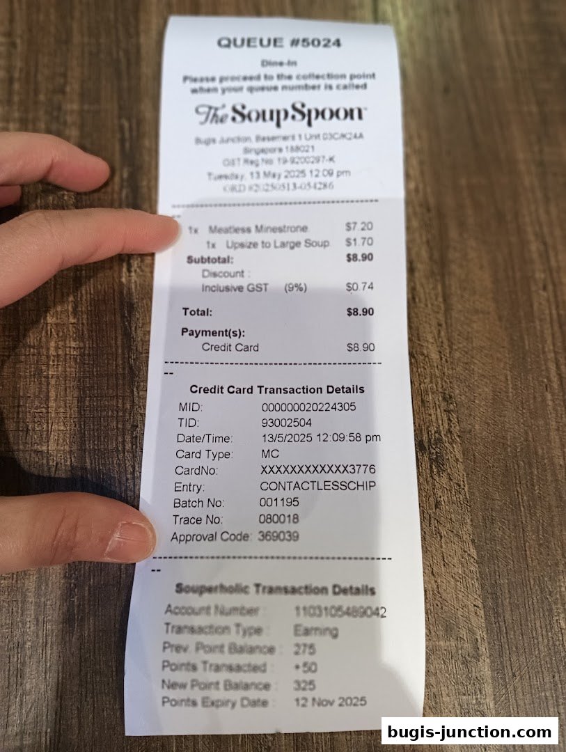 A receipt from The Soup Spoon shows a Meatless Minestrone soup order and credit card transaction details.