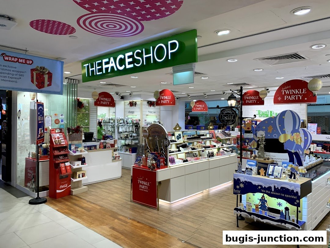 Interior view of THEFACESHOP, showcasing beauty products and holiday decorations.
