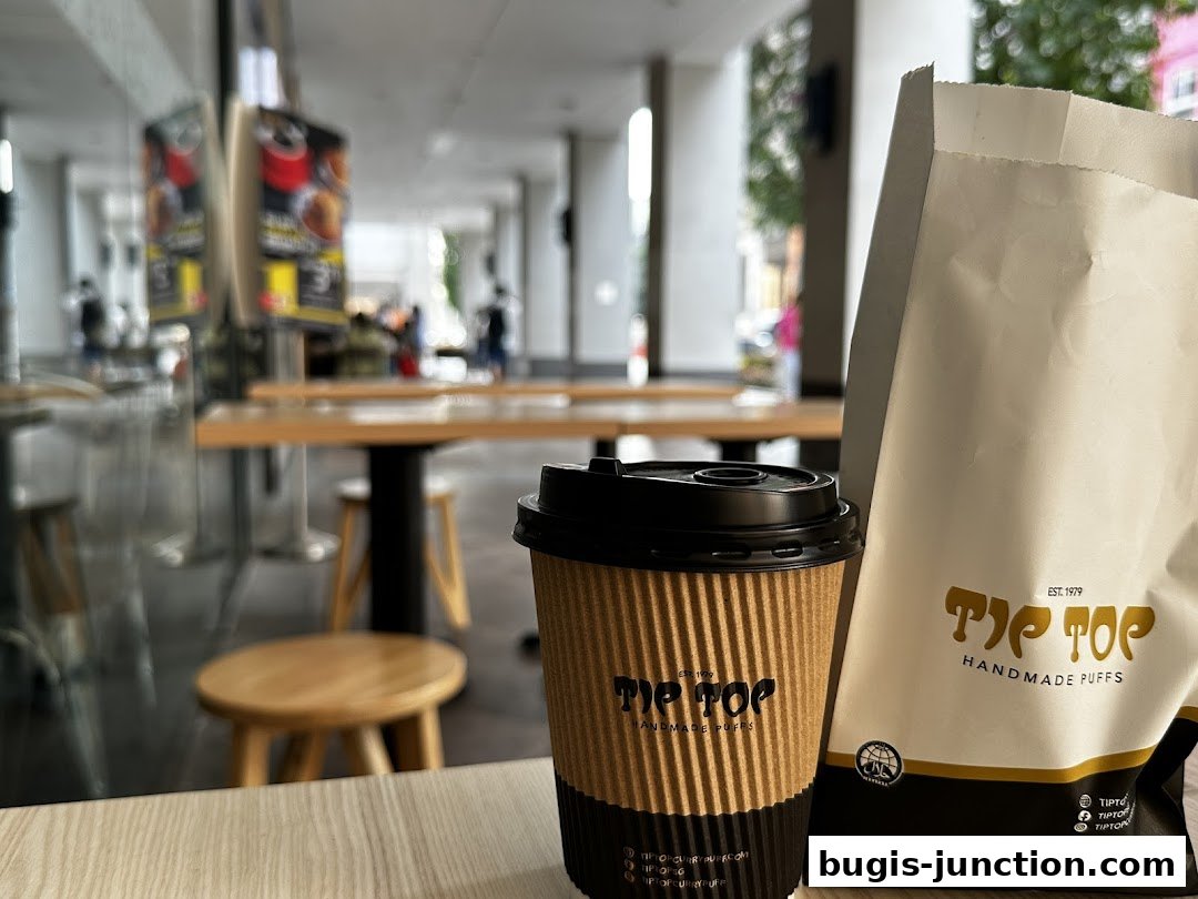 A cup of coffee and a paper bag from Tip Top Curry Puff on a table.