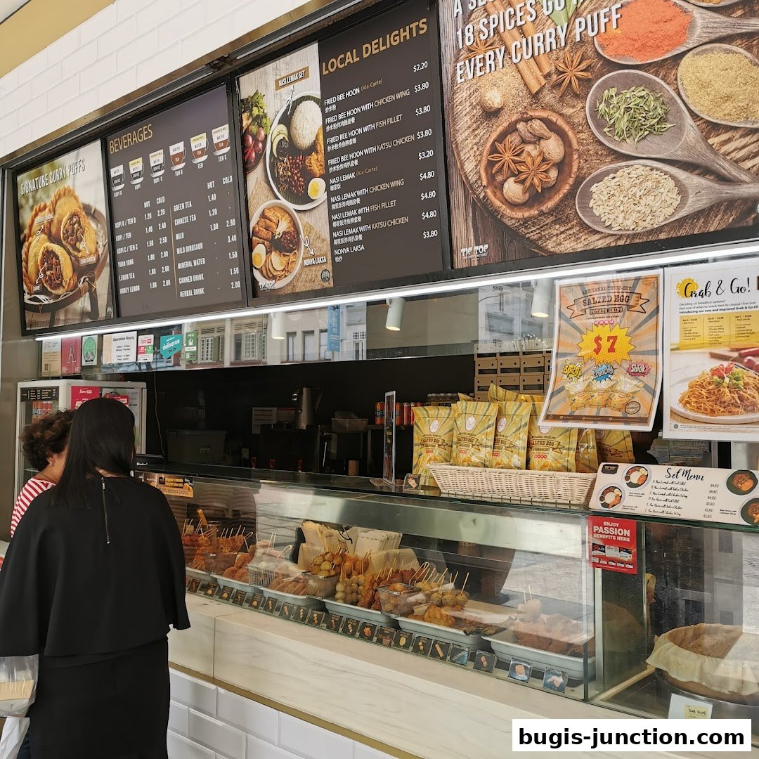 A display of curry puffs, beverages, and local delights with prices at Tip Top Curry Puff.