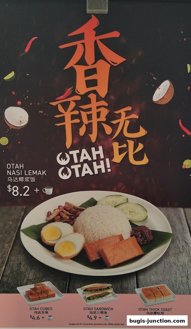 A menu featuring Otah Nasi Lemak and other Otah dishes with prices.