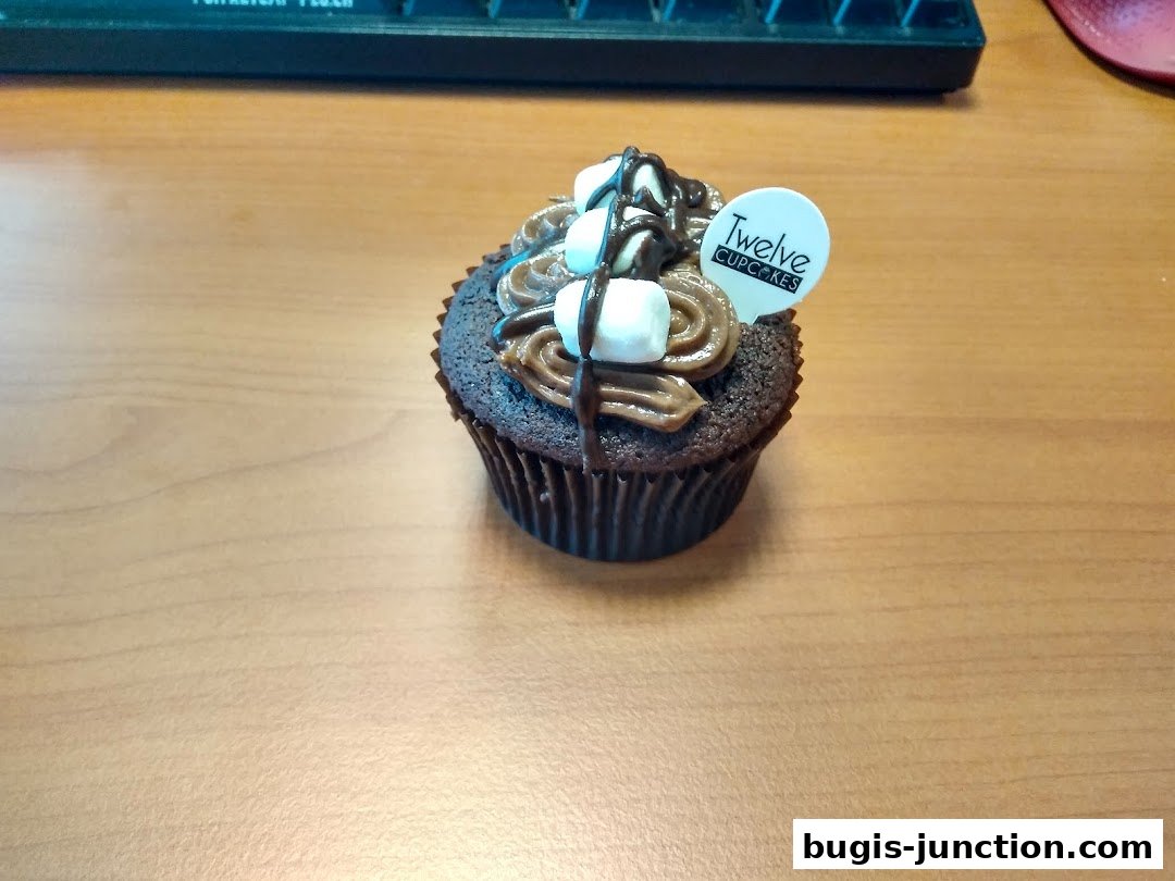 A chocolate cupcake with chocolate frosting, marshmallows, and chocolate drizzle, topped with a 'Twelve Cupcakes' logo.