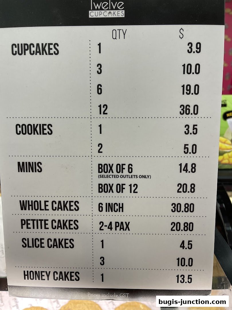 A price list for cupcakes, cookies, minis, whole cakes, petite cakes, slice cakes, and honey cakes from Twelve Cupcakes.