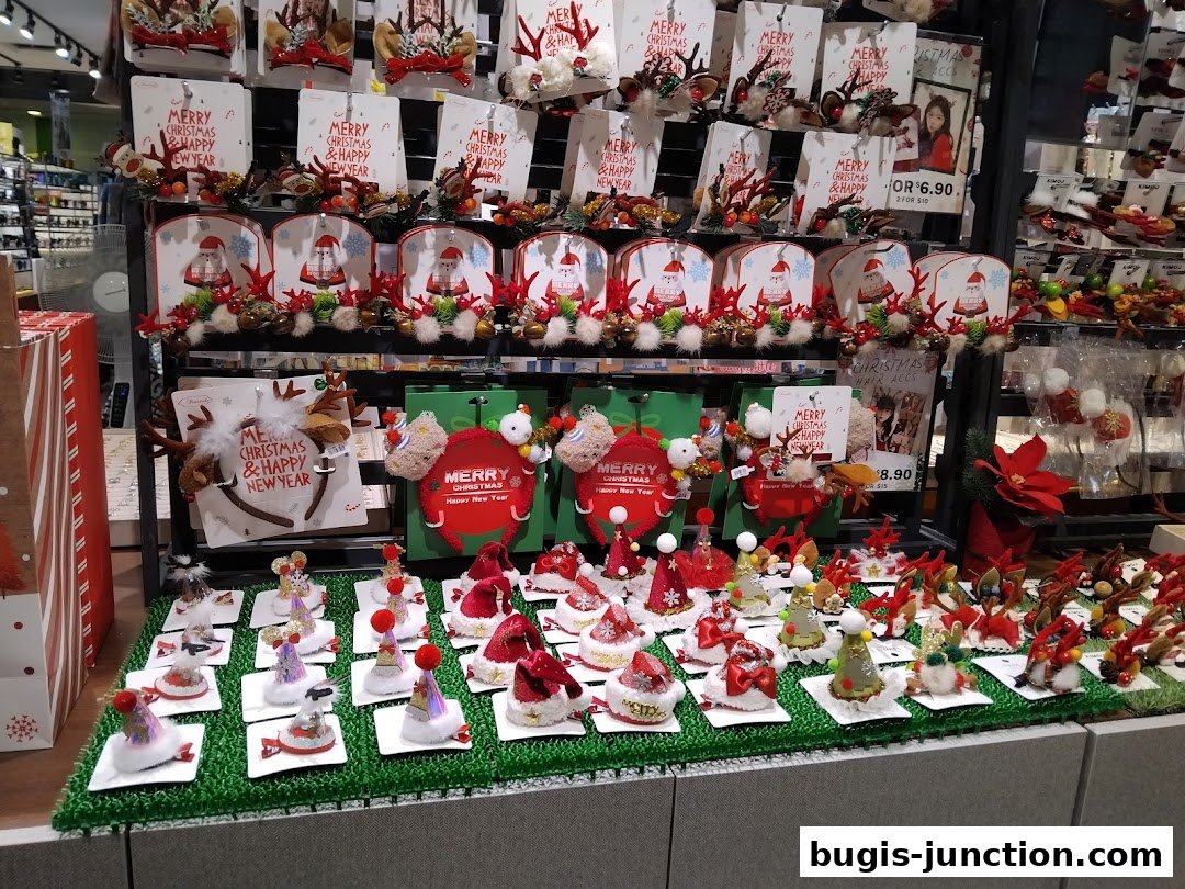 A display of festive Christmas-themed hair accessories and small decorative items.
