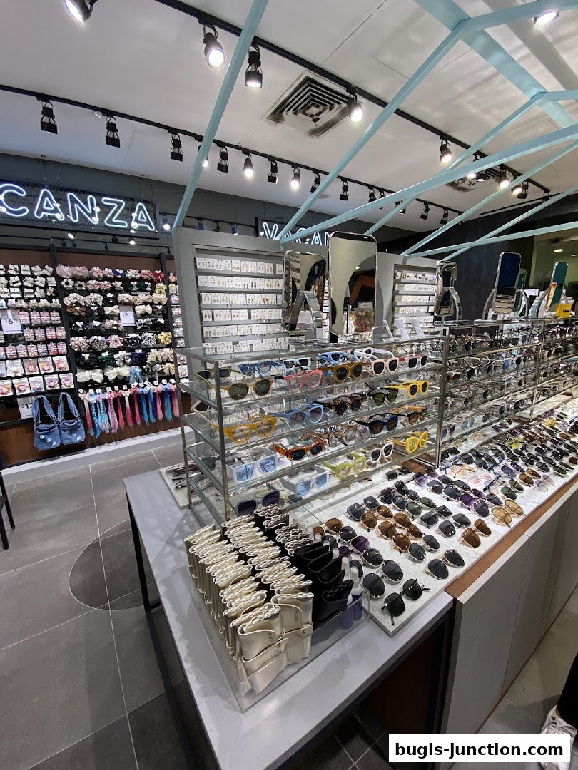 Interior view of Vacanza shop showcasing a wide selection of sunglasses and hair accessories.