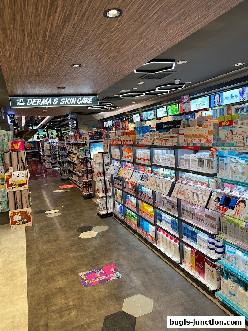 Interior view of a Watsons store with shelves stocked with skincare and beauty products.