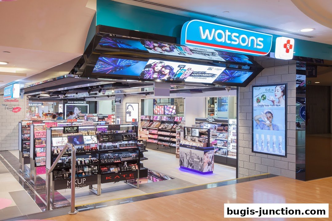 The entrance of a Watsons store showcasing a wide array of makeup and skincare products.