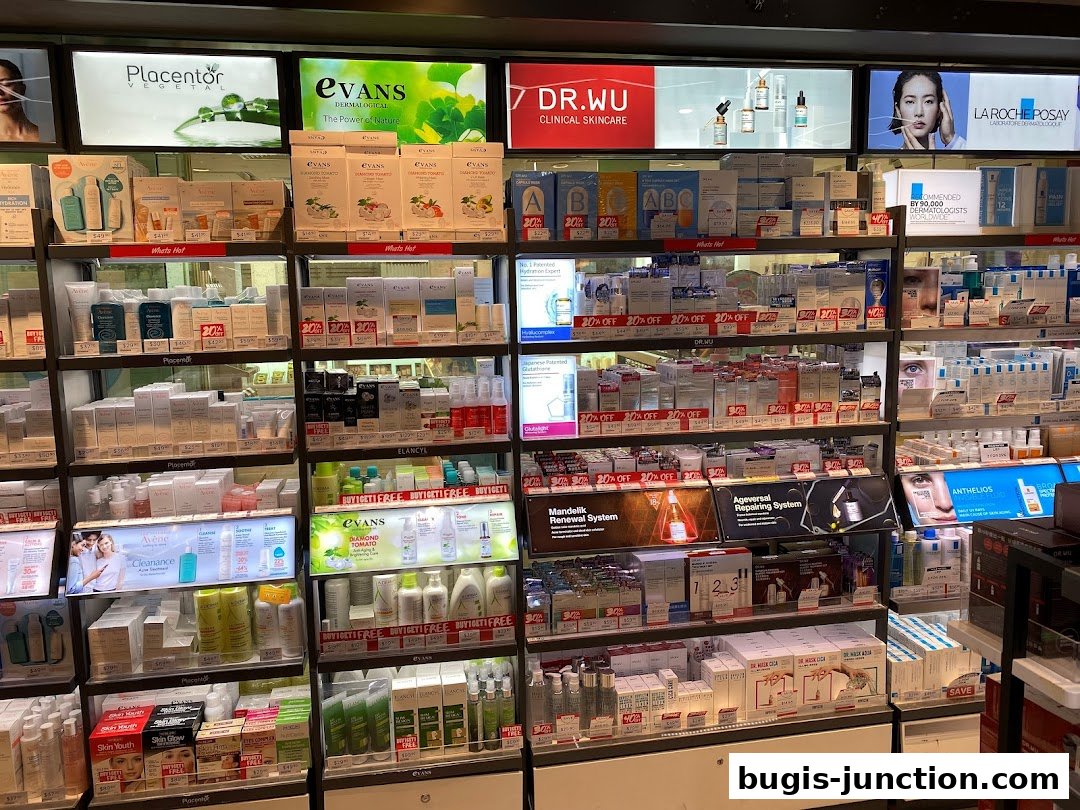 A wide selection of skincare products displayed on shelves, featuring various brands and promotions.