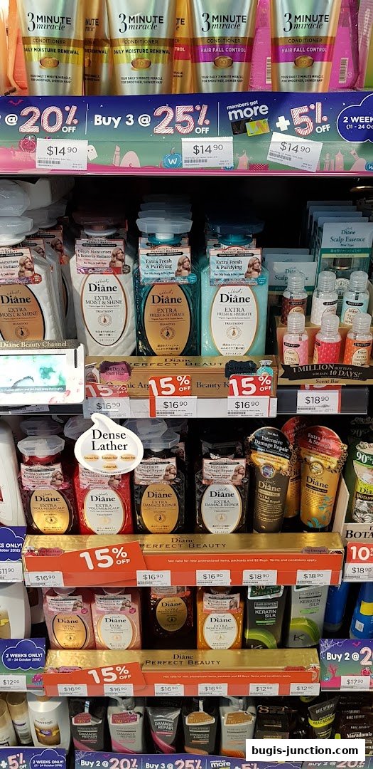 Shelves stocked with various hair care products, featuring promotions and discounts.