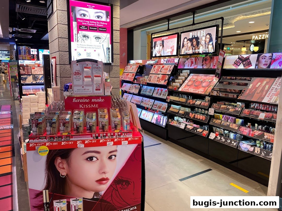 A well-lit beauty store aisle showcasing various makeup products and promotional displays.