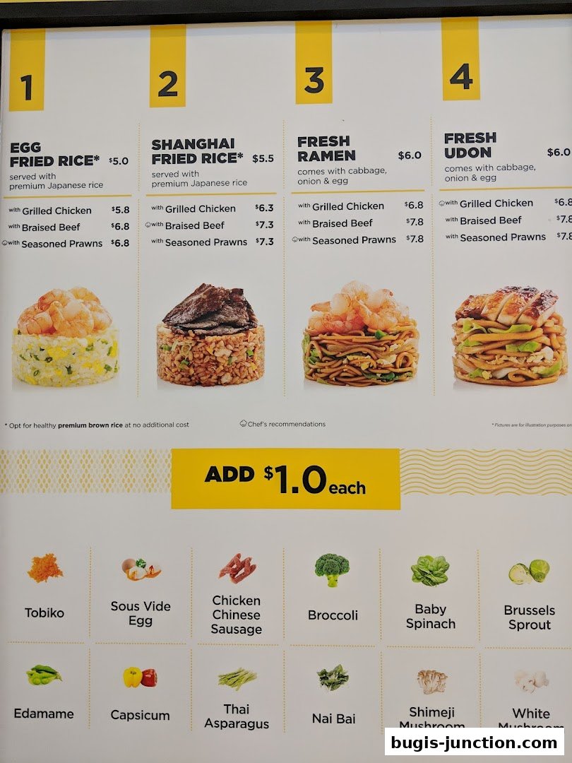 A menu board displaying various rice, ramen, and udon dishes with customizable toppings.