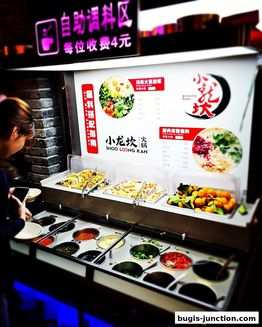 A person selects ingredients from a self-serve condiment bar at Xiao Long Kan Hotpot.
