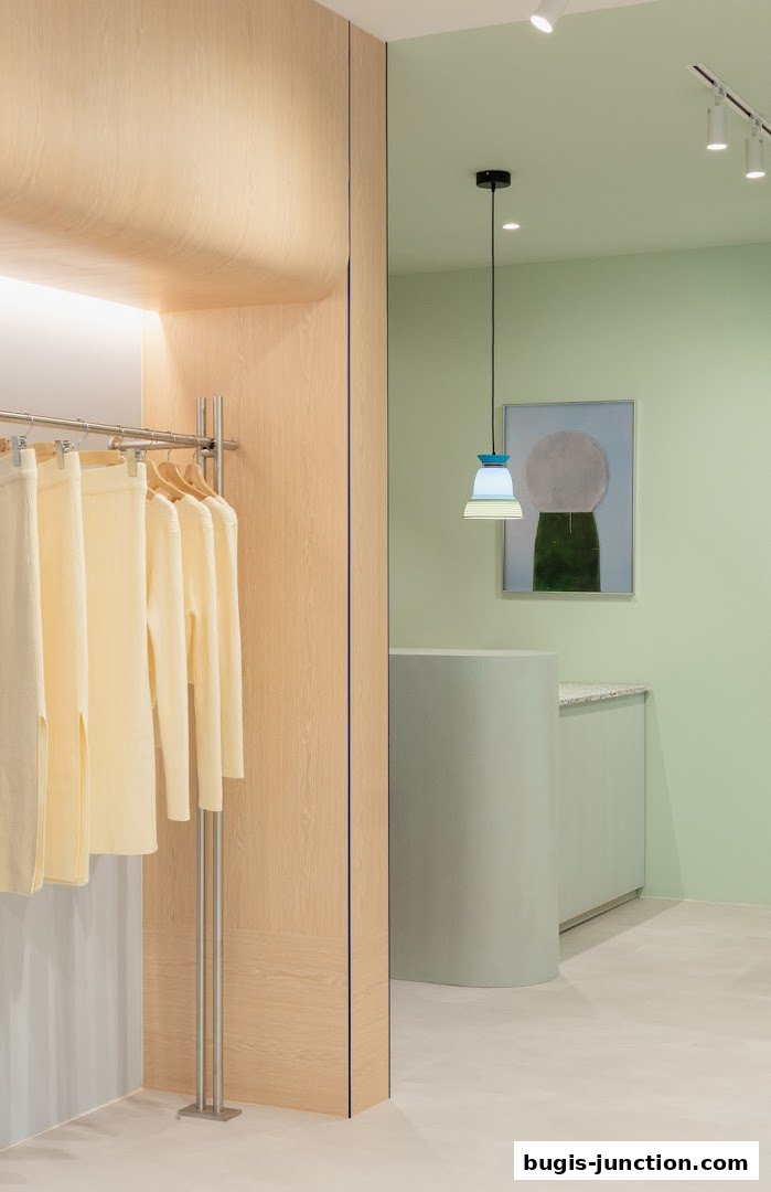 Interior view of a clothing store with apparel on display and a counter area.