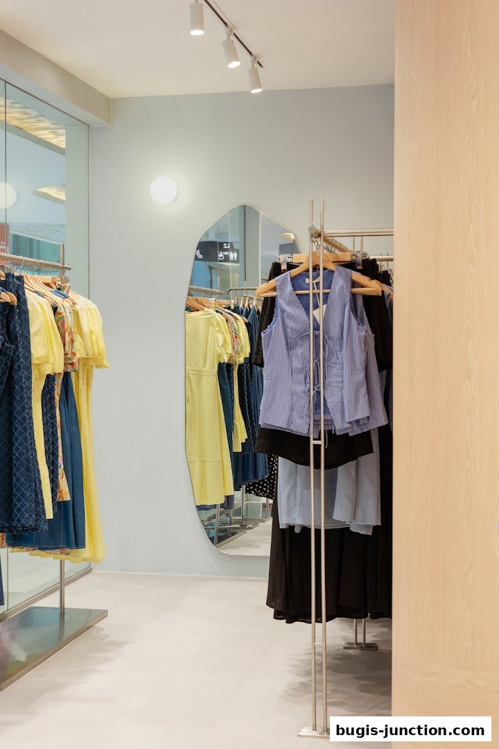 Interior view of a clothing store with racks of dresses and tops.