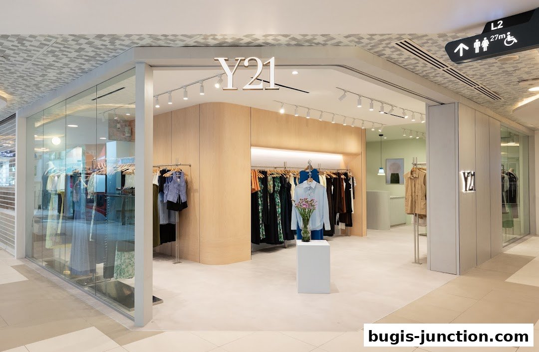 The Y21 Bugis Junction store features a modern, minimalist design with clothing displayed on racks.