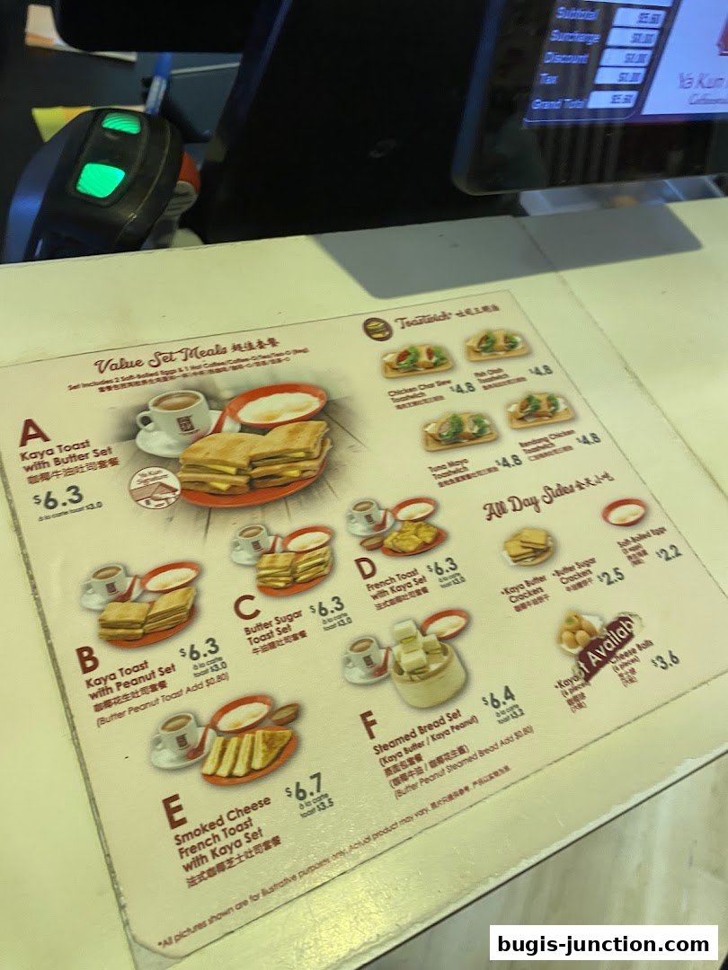 A menu from Ya Kun Kaya Toast featuring value set meals and all-day sides.
