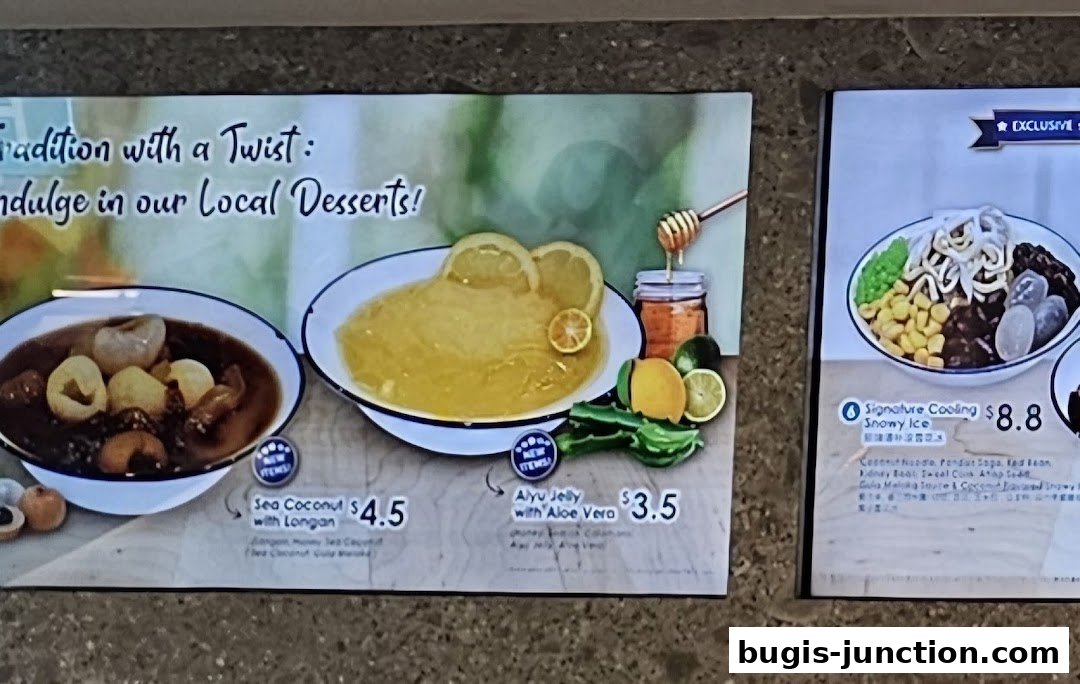 A menu board showcasing local desserts like Sea Coconut with Longan and Alyu Jelly with Aloe Vera.