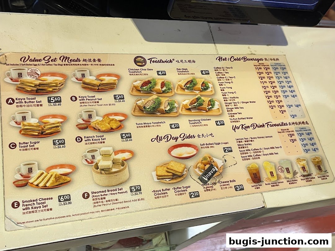A menu from Ya Kun Kaya Toast featuring value set meals, toastwiches, beverages, and all-day sides.