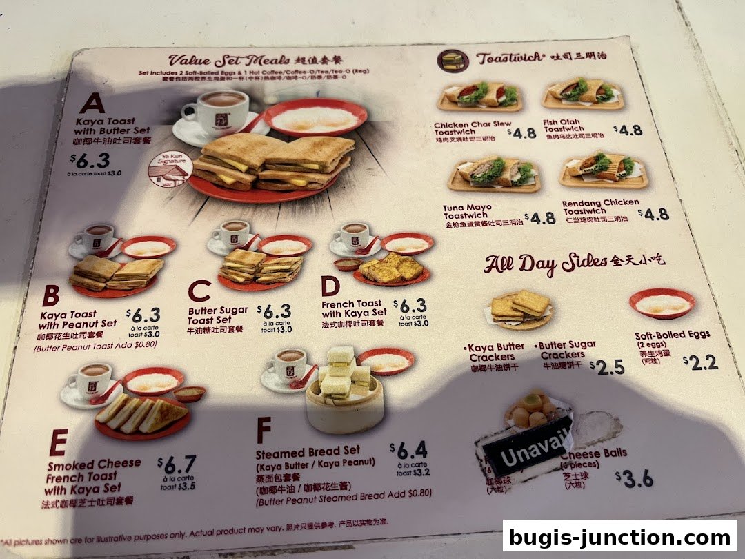 A menu from Ya Kun Kaya Toast featuring value set meals, toastwiches, and all-day sides.