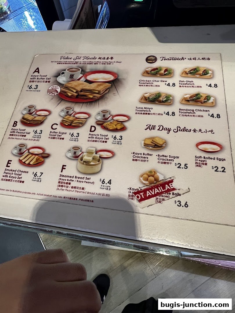 A menu from Ya Kun Kaya Toast featuring value set meals, toastwiches, and all-day sides.