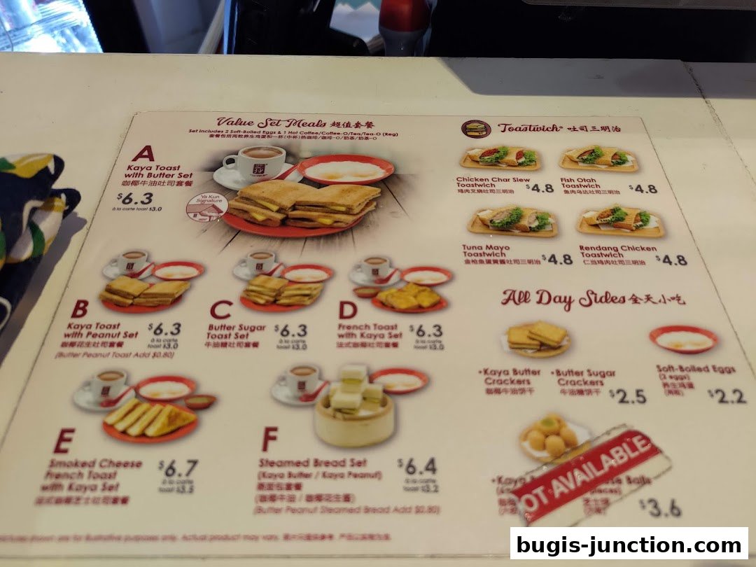 A menu from Ya Kun Kaya Toast featuring various set meals and side dishes.