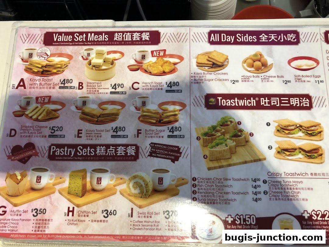 A menu from Ya Kun Kaya Toast featuring value set meals, all-day sides, pastry sets, and toastwiches.
