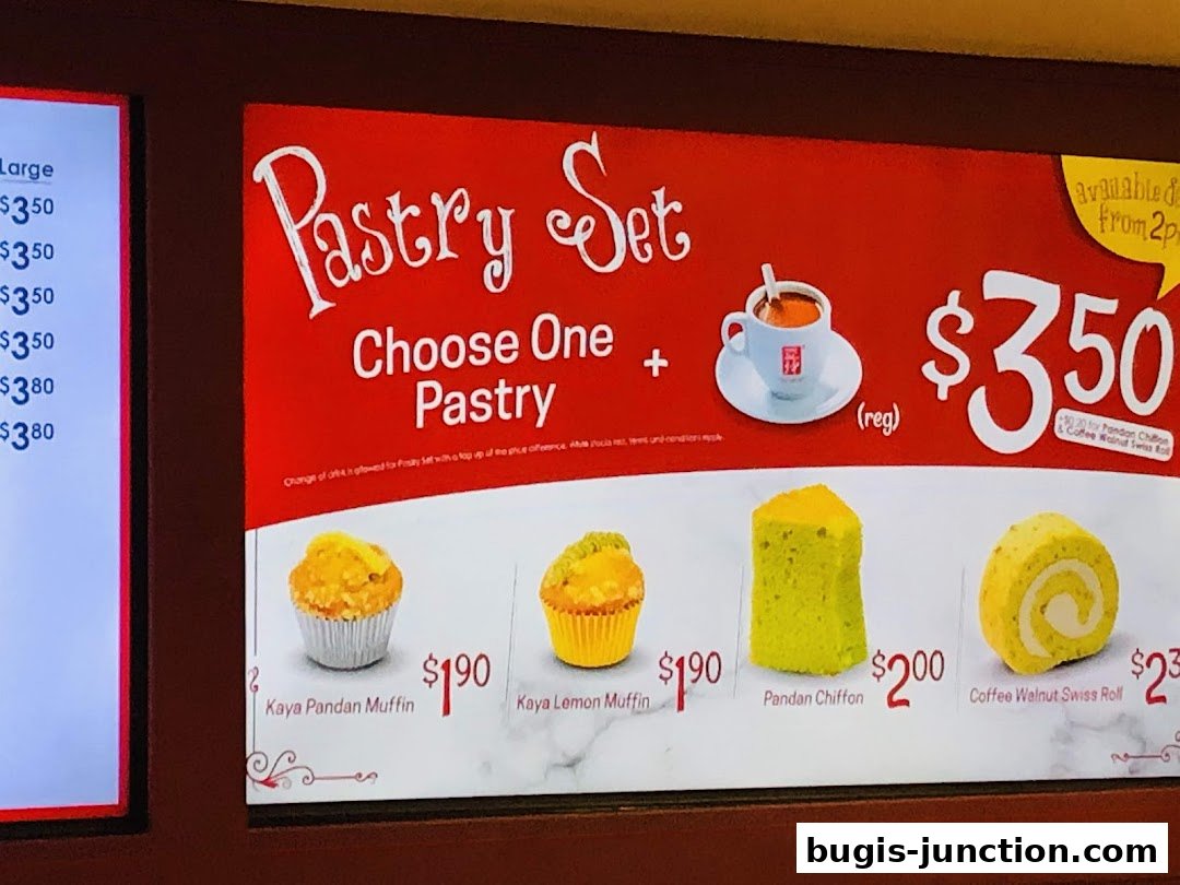 A menu board displays pastry sets with various pastry options and prices.