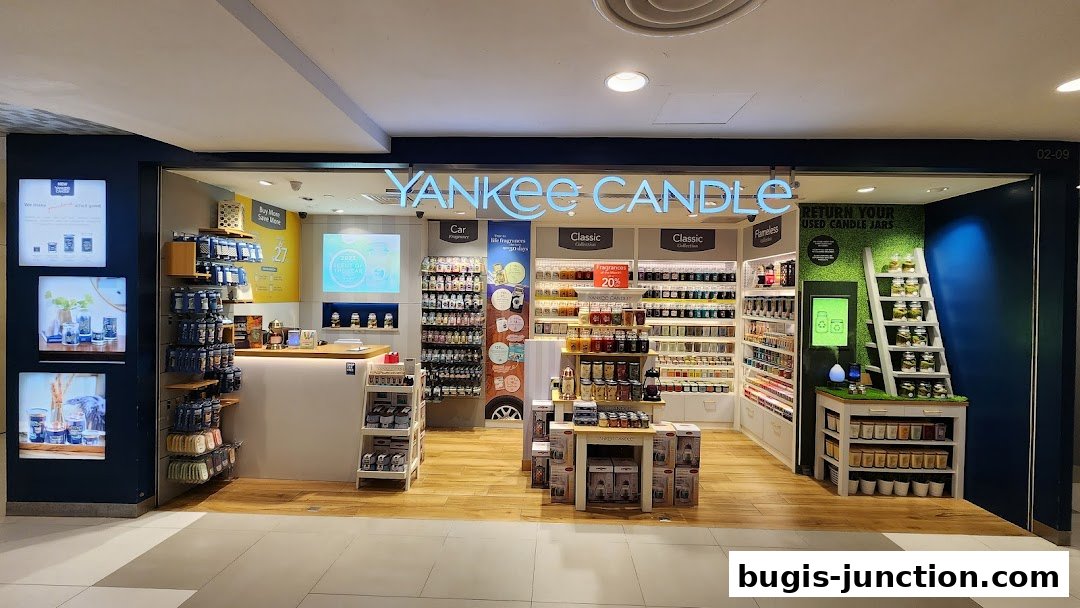 The Yankee Candle store at Bugis Junction showcases a wide variety of scented candles and home fragrance products.