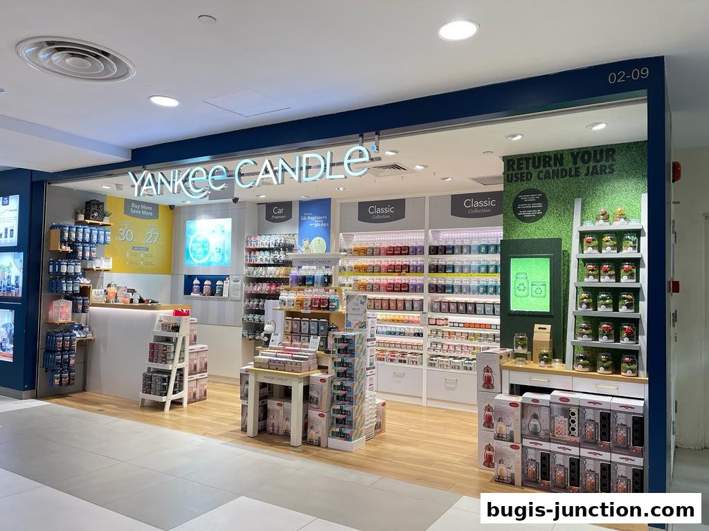 The Yankee Candle store at Bugis Junction, showcasing a wide selection of candles and home fragrance products.