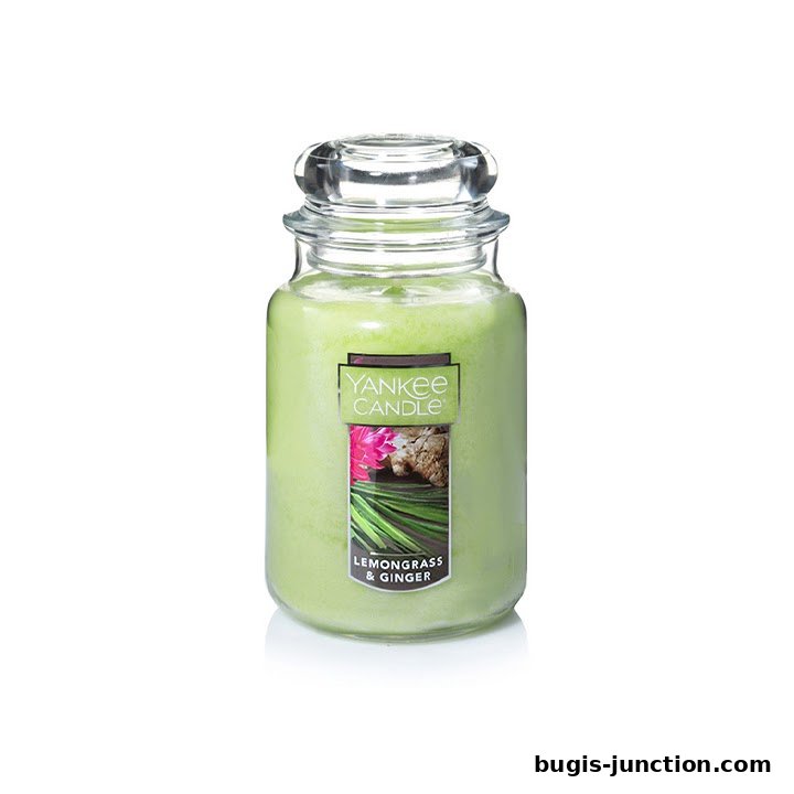 A Yankee Candle jar with a lemongrass and ginger scent.