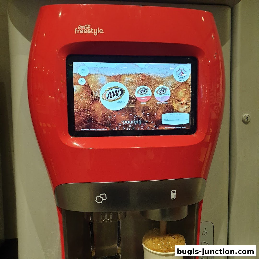 A Coca-Cola Freestyle machine dispensing a beverage with A&W Zero options.
