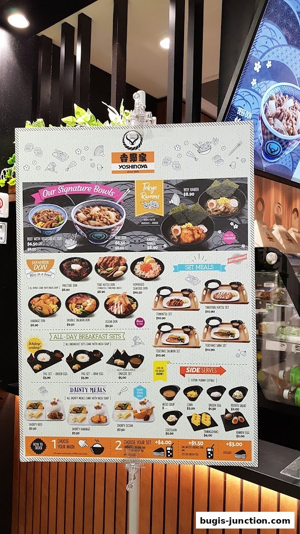 A Yoshinoya menu featuring signature bowls, set meals, breakfast sets, dainty meals, and side serves.